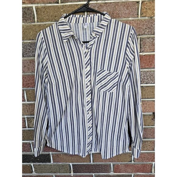 DNA Couture Womens Blouse Large White Collared Striped Long Sleeve Shirt Top - Picture 1 of 4